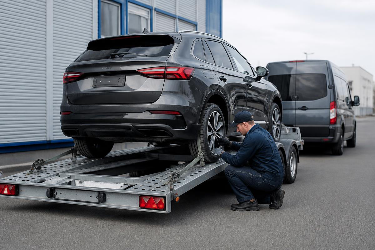 Sicheres Verladen eines Fahrzeugs auf den Transporter